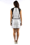 Luxury Black & White Active Polo for women featuring a mock neck, color-block design, four-way stretch fabric, and sophisticated self-made collar with back zipper for golf, tennis, and pickleball.