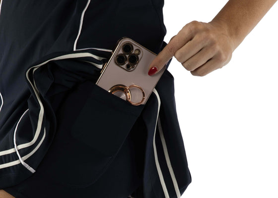 Women’s Navy & White Stripe Active Dress – Luxury Golf, Tennis & Pickleball Dress. Hidden pockets on shorts. Pockets on Dress. Detailed piping. 