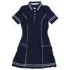 Women’s Navy & White Stripe Active Dress — luxury performance dress for golf, tennis, and pickleball with a flattering modern fit and comfortable movement.