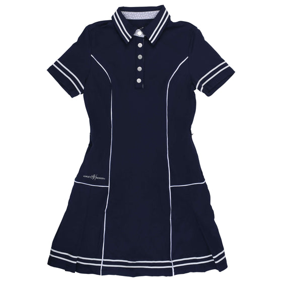 Women’s Navy & White Stripe Active Dress — luxury performance dress for golf, tennis, and pickleball with a flattering modern fit and comfortable movement.