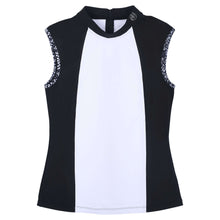  Women’s Black & White Mock Neck Active Polo — luxury golf, tennis, and pickleball polo with chic color-blocking, modern mock collar, breathable four-way stretch fabric, and back zipper detail.