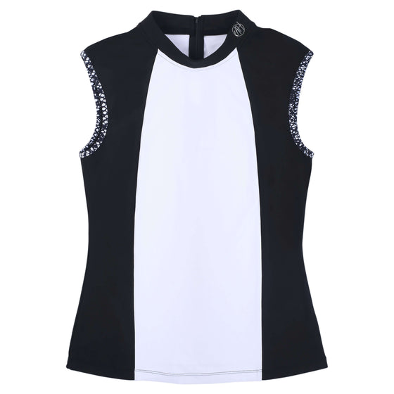 Women’s Black & White Mock Neck Active Polo — luxury golf, tennis, and pickleball polo with chic color-blocking, modern mock collar, breathable four-way stretch fabric, and back zipper detail.