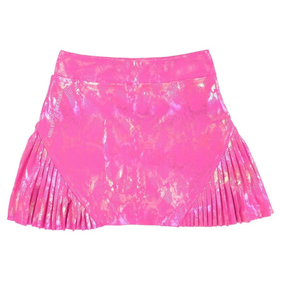 Women’s metallic pink active skort with drawstring waistband and micro pleats – stylish golf, tennis, and pickleball skirt