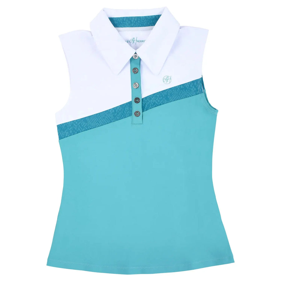 Women’s Teal & White Golf Polo — sleeveless luxury golf shirt with color-block design, moisture-wicking stretch fabric, silver buttons, UV protection, and quick-dry performance for female golfers.